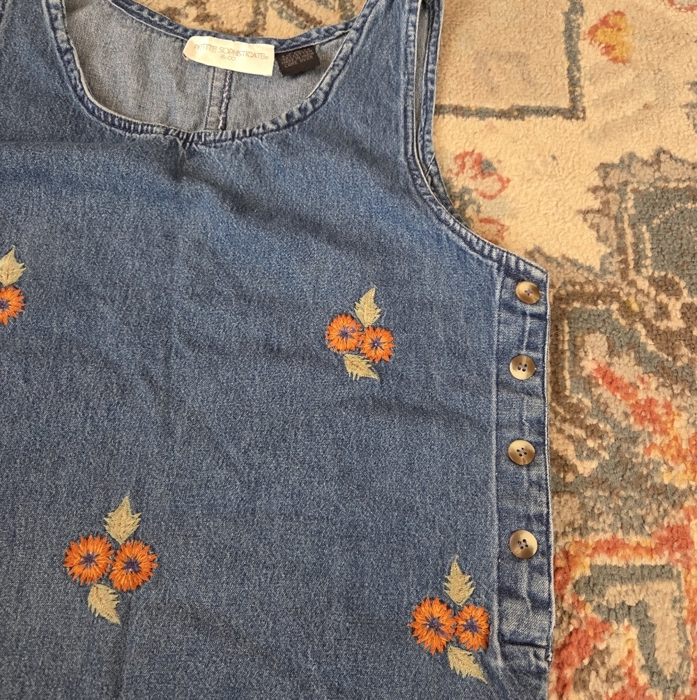 Vintage Denim Petite Sophisticates Embroidered Floral Dress Jumper Overall Y2k - Picture 7 of 9